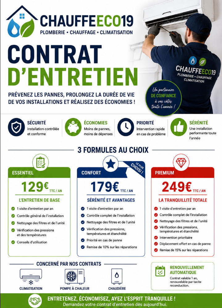 Présentation des contrats d'entretien Chauff-Eco 19 : formules Essentiel, Confort et Premium
